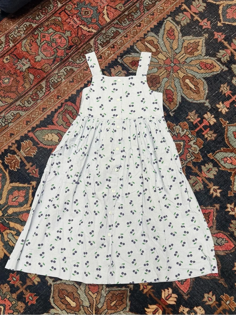 Bonpoint White Sundress with Green and Purple Cherry Print